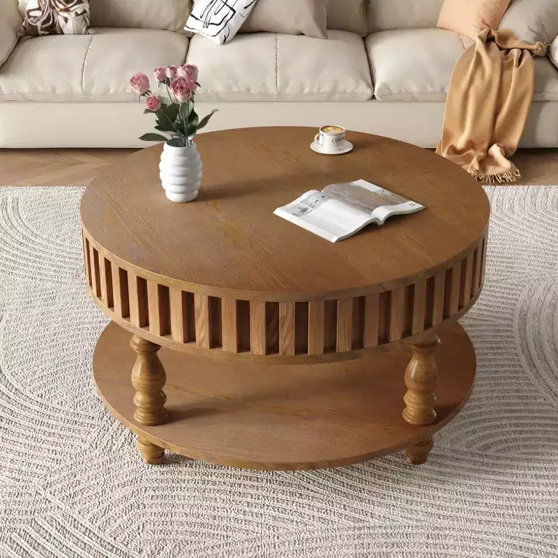 Vintage Round 2-Tier Coffee Table with Dual Storage, Solid Wood Veneer