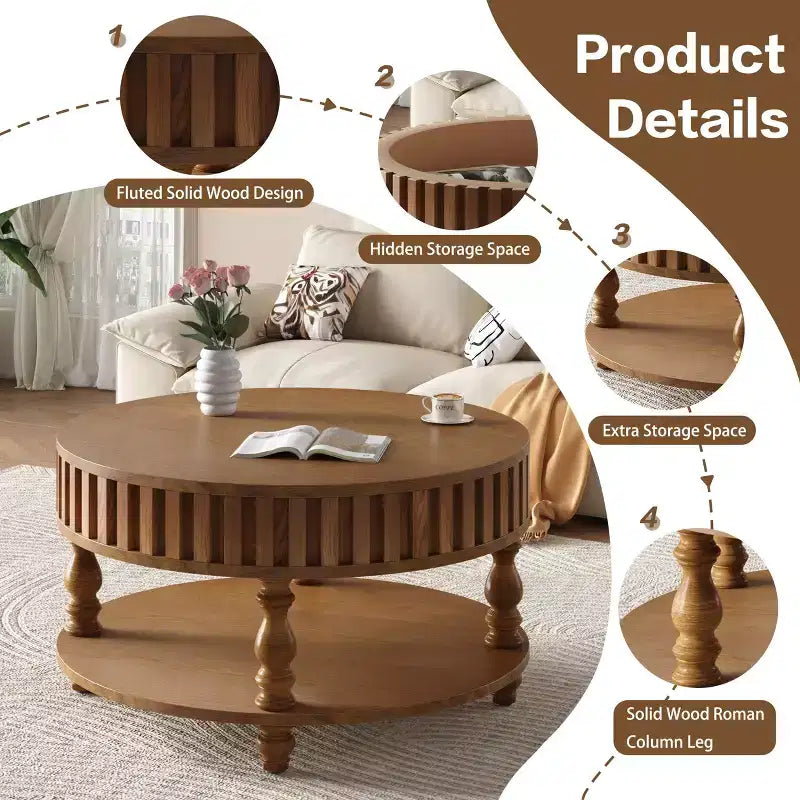 Vintage Round 2-Tier Coffee Table with Dual Storage, Solid Wood Veneer