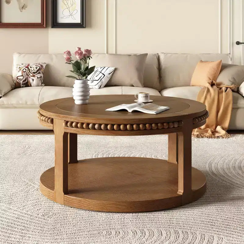 Vintage Round 2-Tier Coffee Table with Dual Storage, Solid Wood Veneer