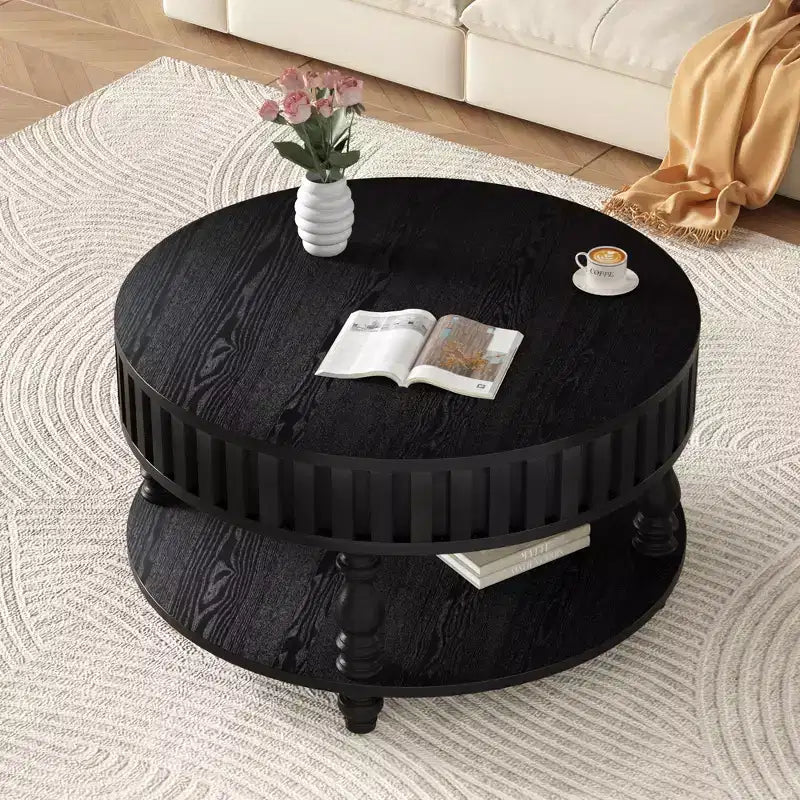 Vintage Round 2-Tier Coffee Table with Dual Storage, Solid Wood Veneer