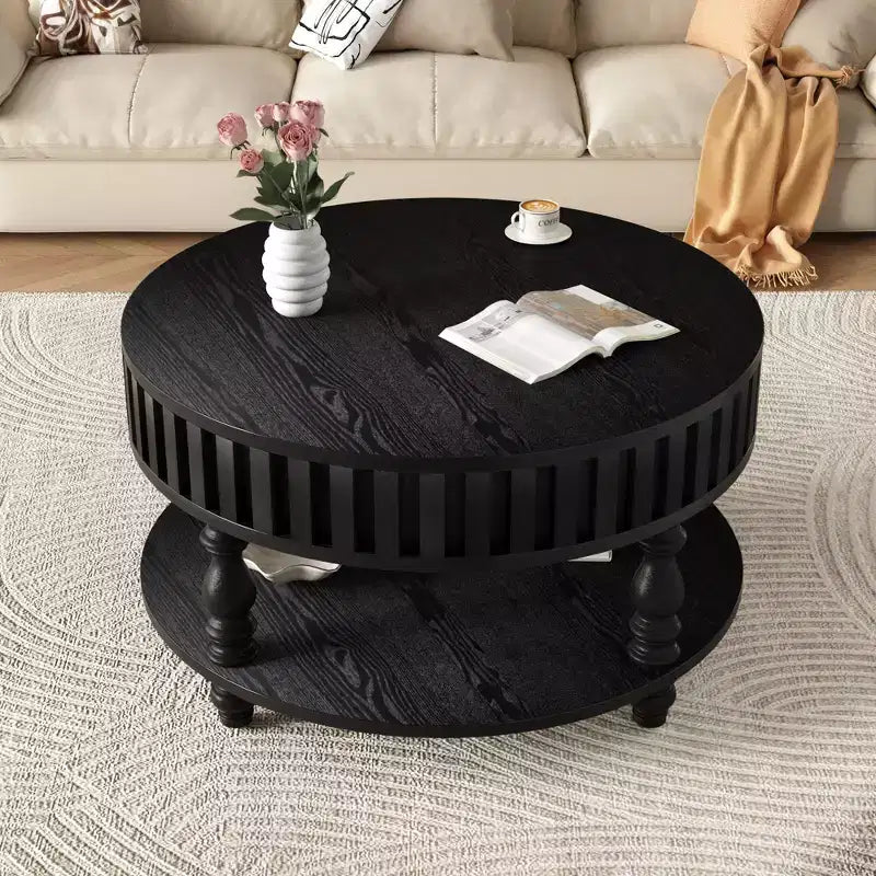 Vintage Round 2-Tier Coffee Table with Dual Storage, Solid Wood Veneer