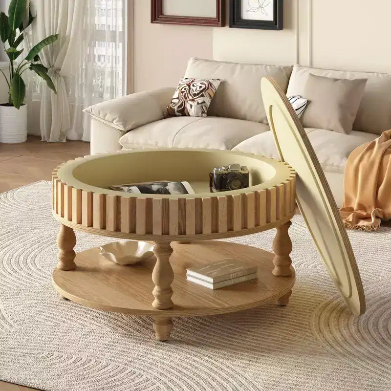 Vintage Round 2-Tier Coffee Table with Dual Storage, Solid Wood Veneer