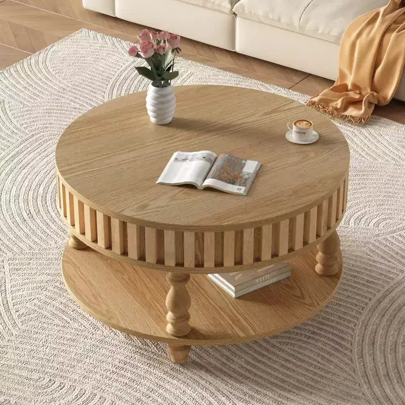 Vintage Round 2-Tier Coffee Table with Dual Storage, Solid Wood Veneer