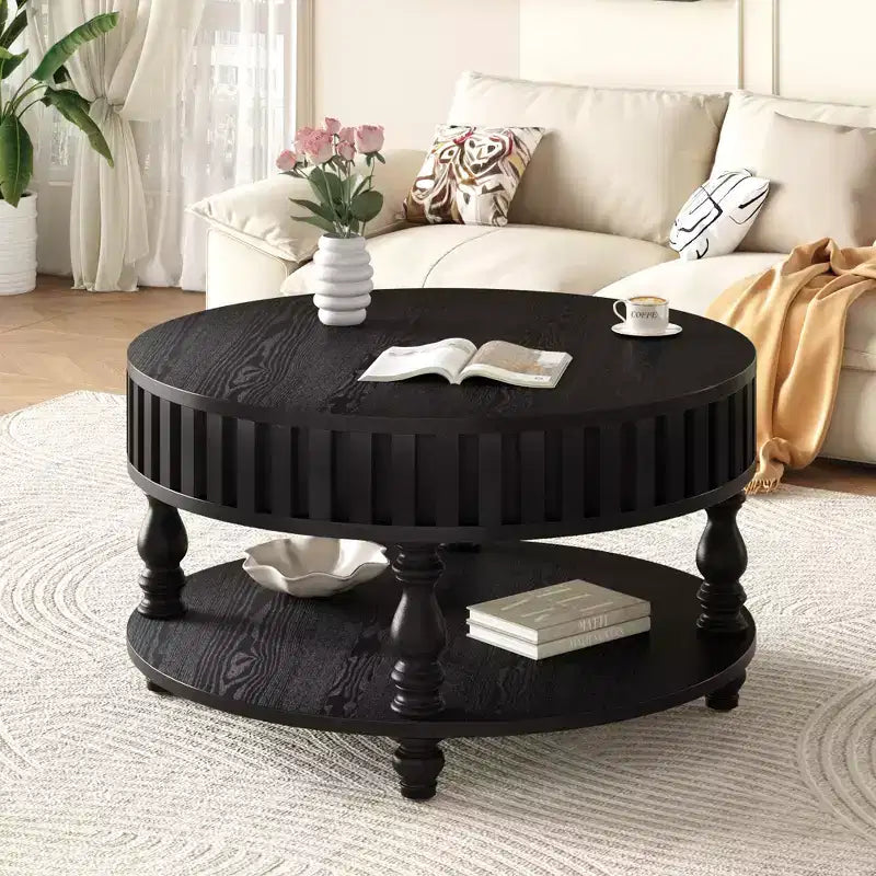 Okak Vintage Round 2-Tier Coffee Table with Dual Storage,Solid Wood Veneer Center Table for Living Room,Bedroom