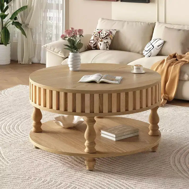 Vintage Round 2-Tier Coffee Table with Dual Storage, Solid Wood Veneer