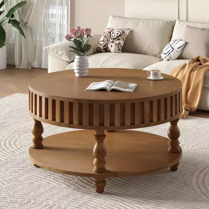 Vintage Round 2-Tier Coffee Table with Dual Storage, Solid Wood Veneer