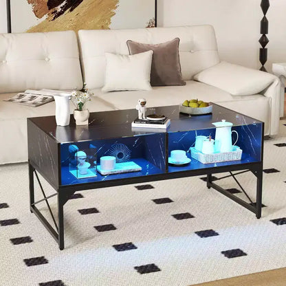 Table basse LED avec 4 cubes de rangement, plateau en faux marbre et verre trempé, noir