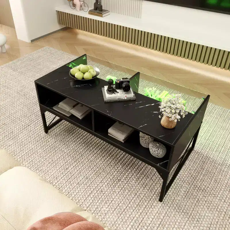 LED Coffee Table with 4 Storage Cubes, Faux Marble & Tempered Glass Top, Black