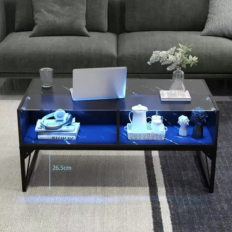 LED Coffee Table with 4 Storage Cubes, Faux Marble & Tempered Glass Top, Black