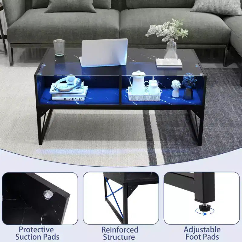 LED Coffee Table with 4 Storage Cubes, Faux Marble & Tempered Glass Top, Black