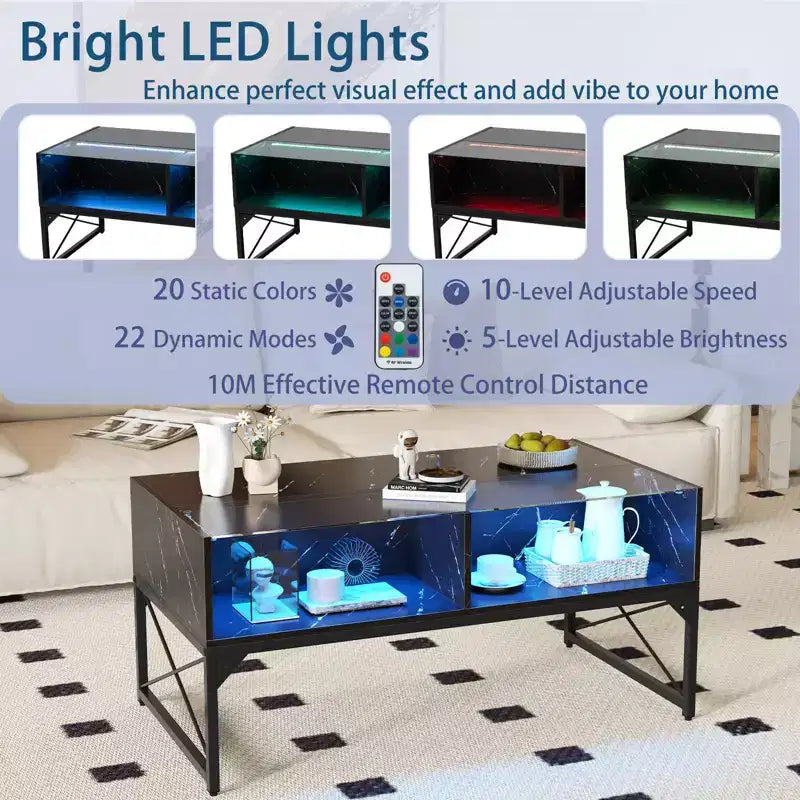 LED Coffee Table with 4 Storage Cubes, Faux Marble & Tempered Glass Top, Black