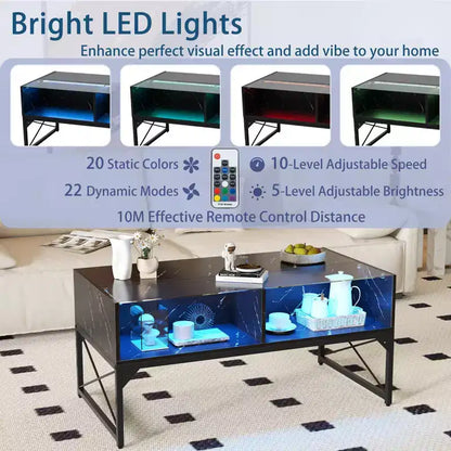 Table basse LED avec 4 cubes de rangement, plateau en faux marbre et verre trempé, noir