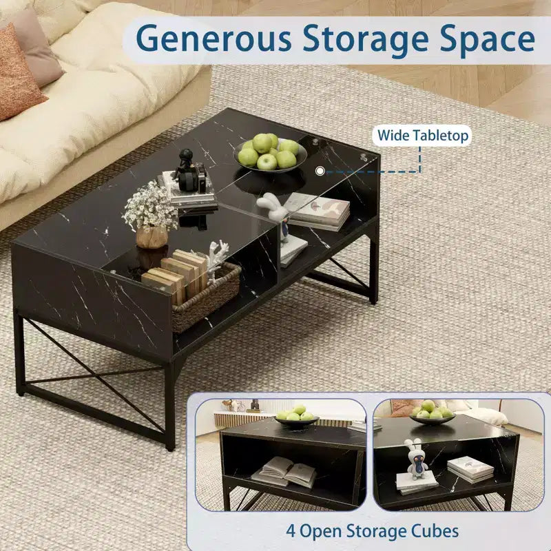 LED Coffee Table with 4 Storage Cubes, Faux Marble & Tempered Glass Top, Black