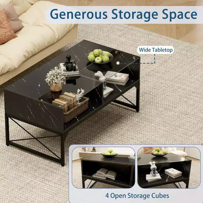 Table basse LED avec 4 cubes de rangement, plateau en faux marbre et verre trempé, noir