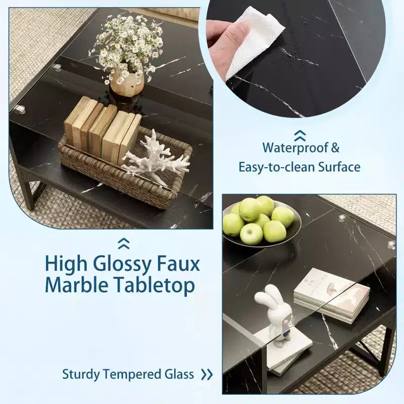 LED Coffee Table with 4 Storage Cubes, Faux Marble & Tempered Glass Top, Black