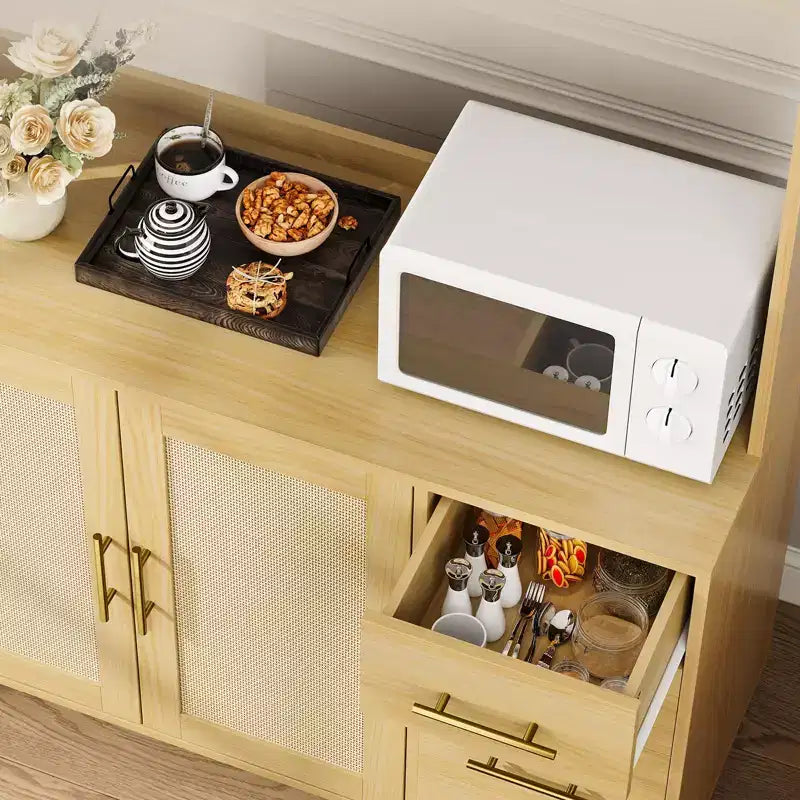 71 Natural Rattan Kitchen Pantry Cabinet C Farmhouse Hutch with 3 Drawers, Adjustable Shelves & 6 Hooks for Dining/Living Room