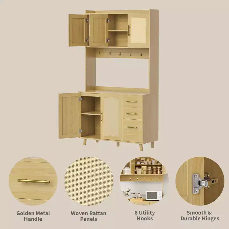 71 Natural Rattan Kitchen Pantry Cabinet C Farmhouse Hutch with 3 Drawers, Adjustable Shelves & 6 Hooks for Dining/Living Room