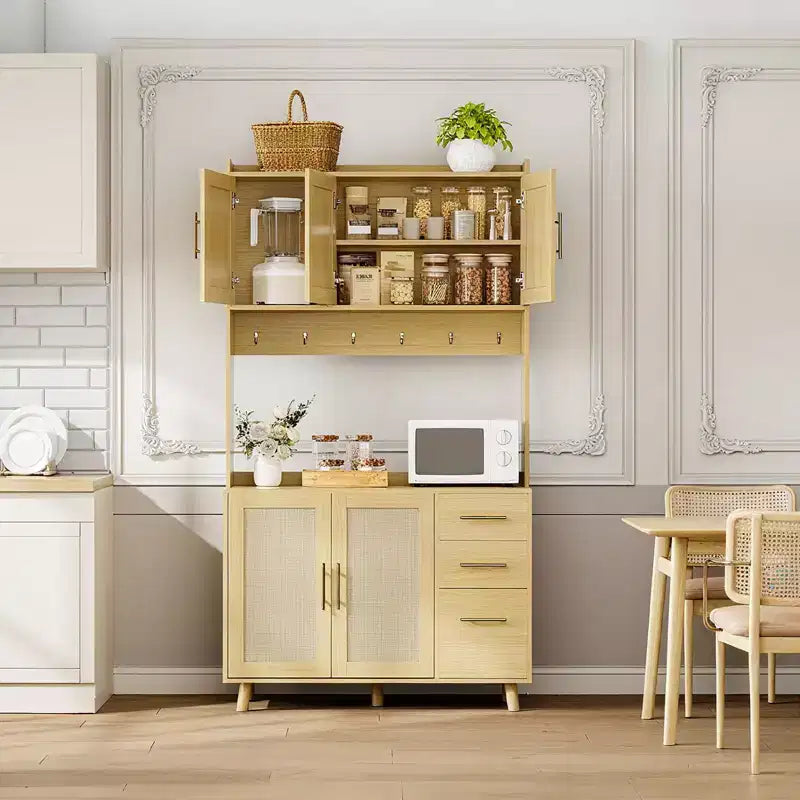 71 Natural Rattan Kitchen Pantry Cabinet C Farmhouse Hutch with 3 Drawers, Adjustable Shelves & 6 Hooks for Dining/Living Room