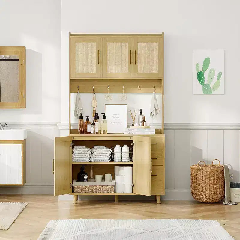 71 Natural Rattan Kitchen Pantry Cabinet C Farmhouse Hutch with 3 Drawers, Adjustable Shelves & 6 Hooks for Dining/Living Room