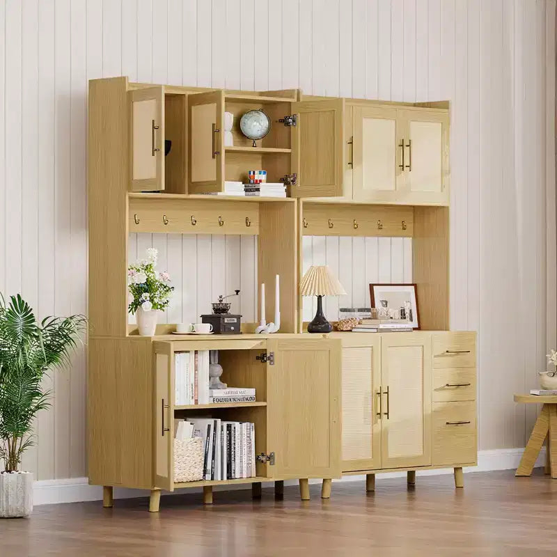 71 Natural Rattan Kitchen Pantry Cabinet C Farmhouse Hutch with 3 Drawers, Adjustable Shelves & 6 Hooks for Dining/Living Room