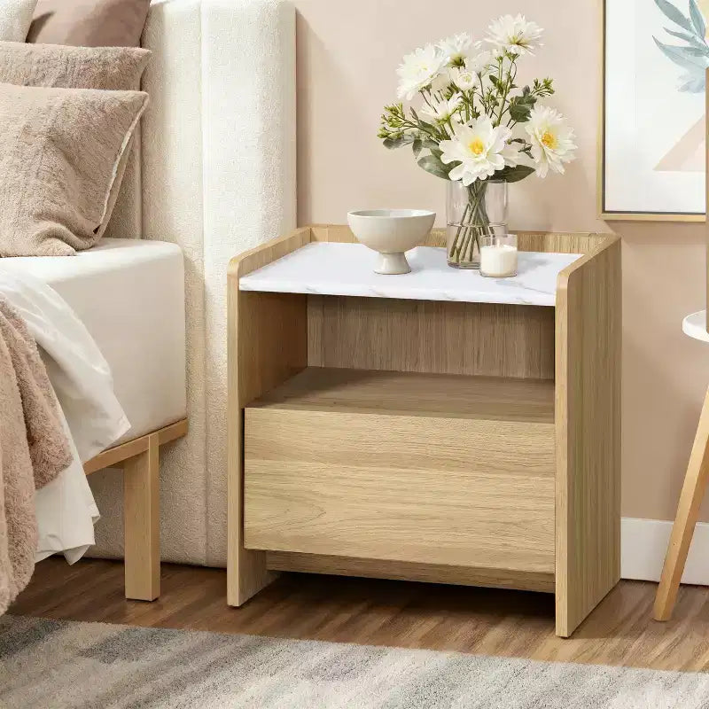Table de chevet en chêne de 23 po avec dessus en faux marbre et 2 tiroirs, marron