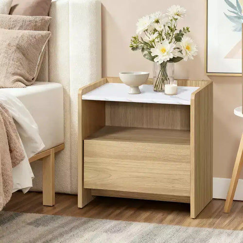 23" Oak Nightstand with Faux Marble Top & 2 Drawers, Brown