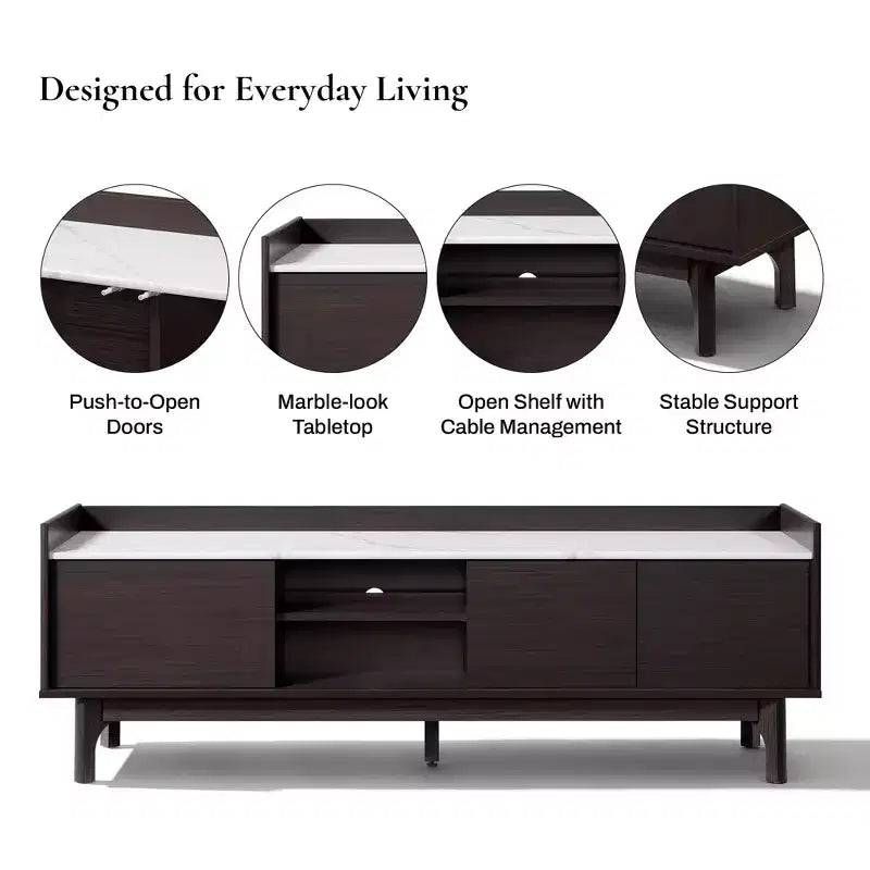 63" Black TV Stand for TVs up to 65", Faux Marble-Top Media Console