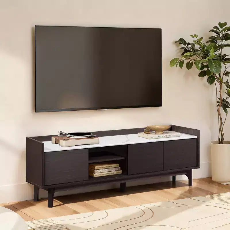 63" Black TV Stand for TVs up to 65", Faux Marble-Top Media Console