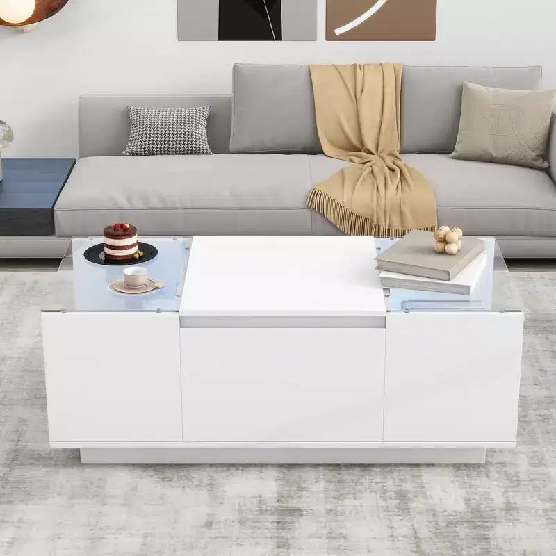 Modern Coffee Table with LED Lights, Rectangle Center Table with Storage, Coffee Table with Drawers for Living Room