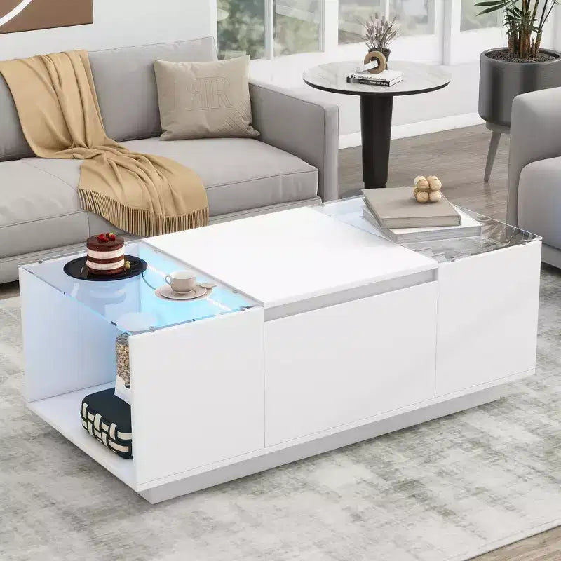 Modern Coffee Table with LED Lights, Rectangle Center Table with Storage, Coffee Table with Drawers for Living Room