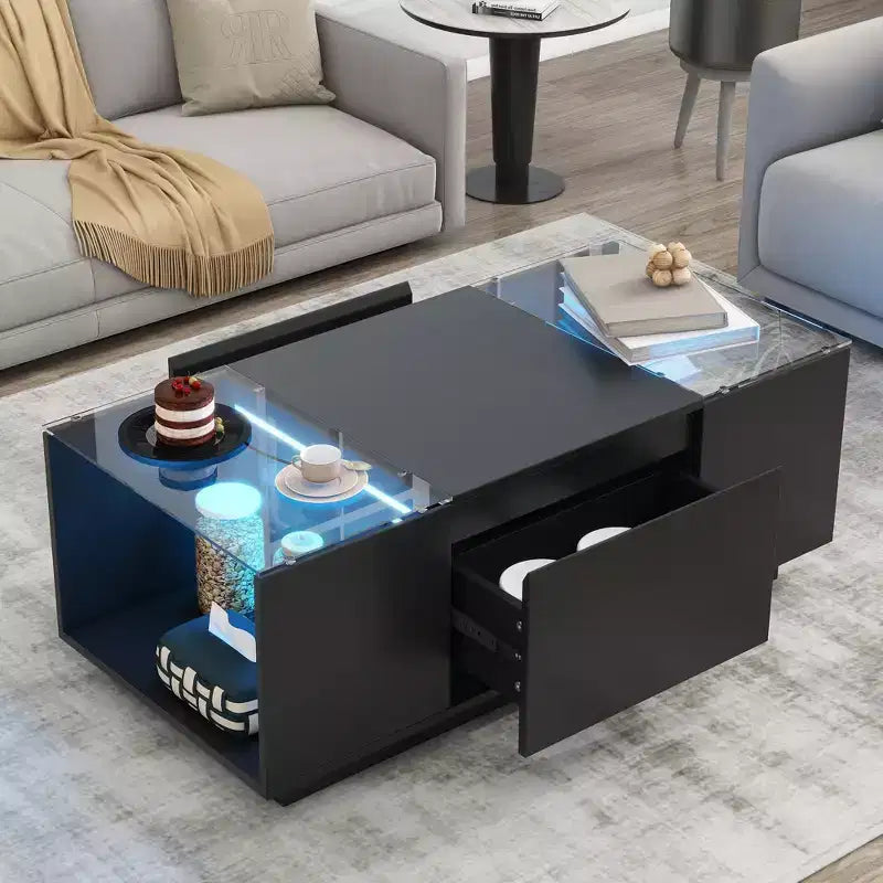 Modern Coffee Table with LED Lights, Rectangle Center Table with Storage, Coffee Table with Drawers for Living Room