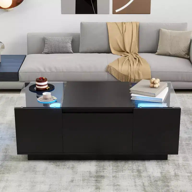 Modern Coffee Table with LED Lights, Rectangle Center Table with Storage, Coffee Table with Drawers for Living Room
