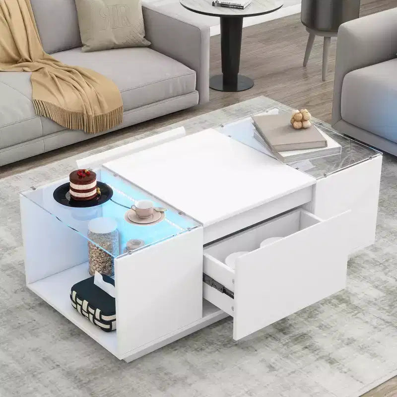 Modern Coffee Table with LED Lights, Rectangle Center Table with Storage, Coffee Table with Drawers for Living Room
