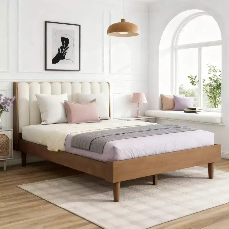 Luxystar Queen Size Wood Bed with Piano Key Style Upholstered Headboard and Strengthened Bed Frame,Wheat