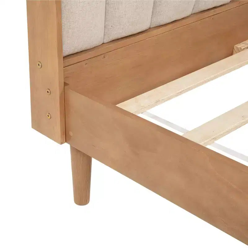 Queen Size Wood Bed with Piano Key Upholstered Headboard, Wheat