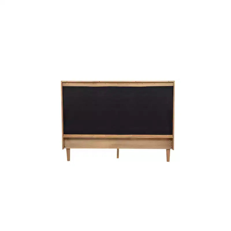 Queen Size Wood Bed with Piano Key Upholstered Headboard, Wheat
