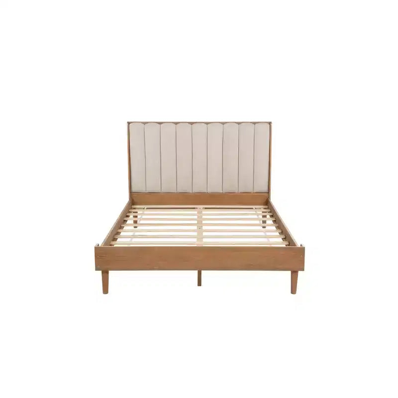 Queen Size Wood Bed with Piano Key Upholstered Headboard, Wheat