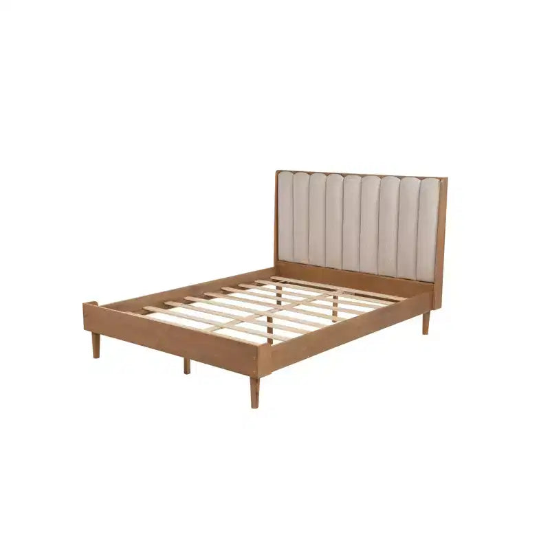 Queen Size Wood Bed with Piano Key Upholstered Headboard, Wheat