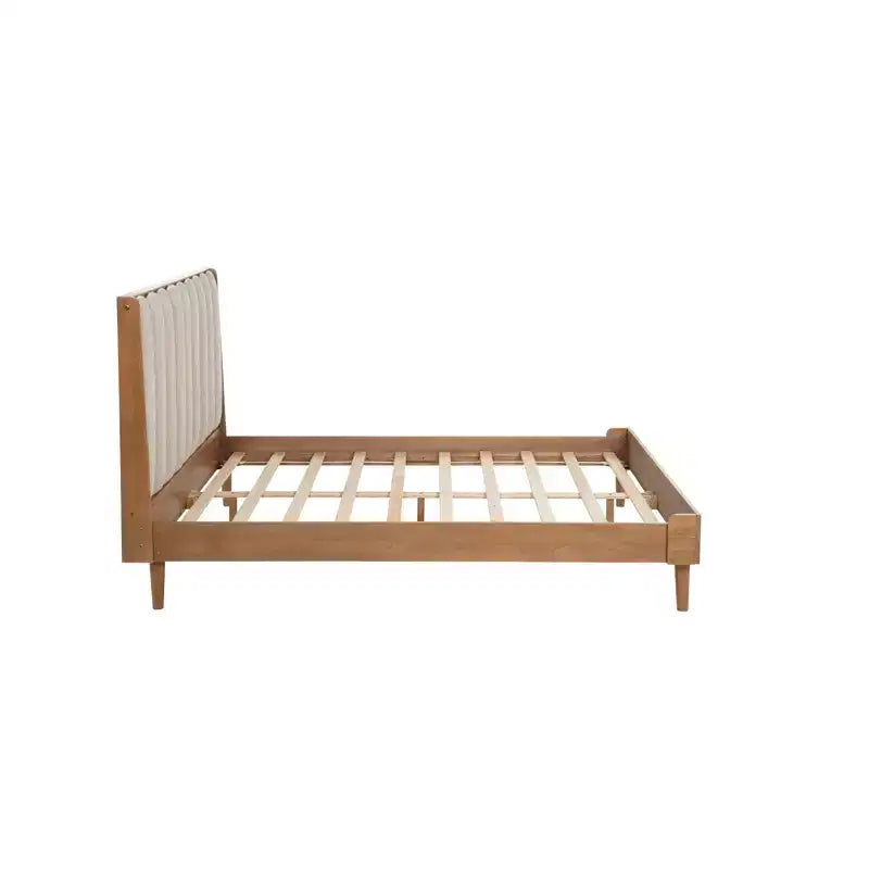 Queen Size Wood Bed with Piano Key Upholstered Headboard, Wheat
