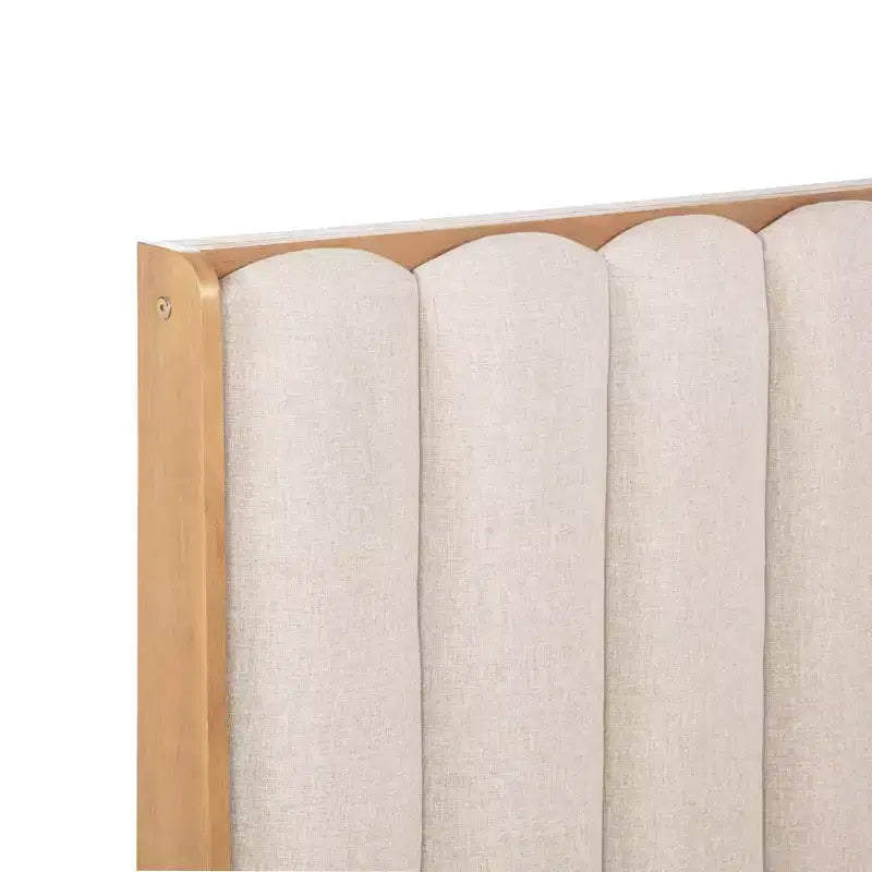 Queen Size Wood Bed with Piano Key Upholstered Headboard, Wheat