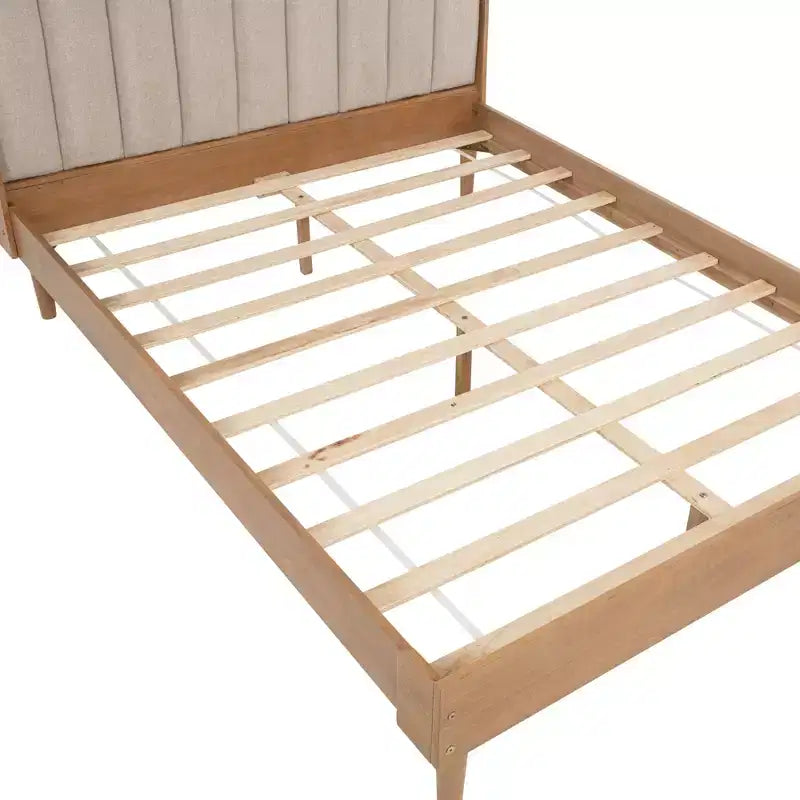 Queen Size Wood Bed with Piano Key Upholstered Headboard, Wheat