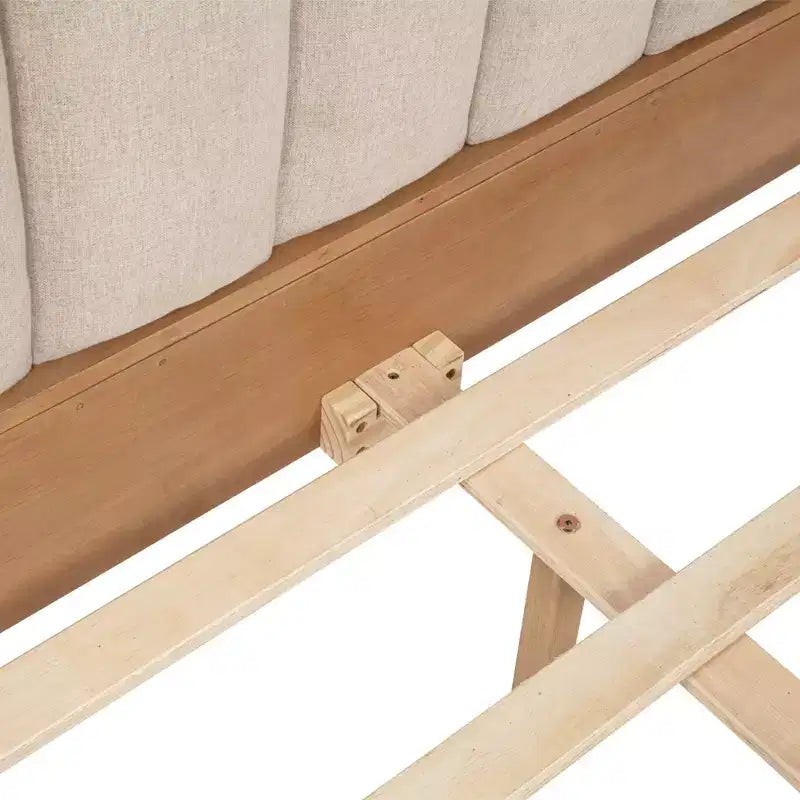 Queen Size Wood Bed with Piano Key Upholstered Headboard, Wheat